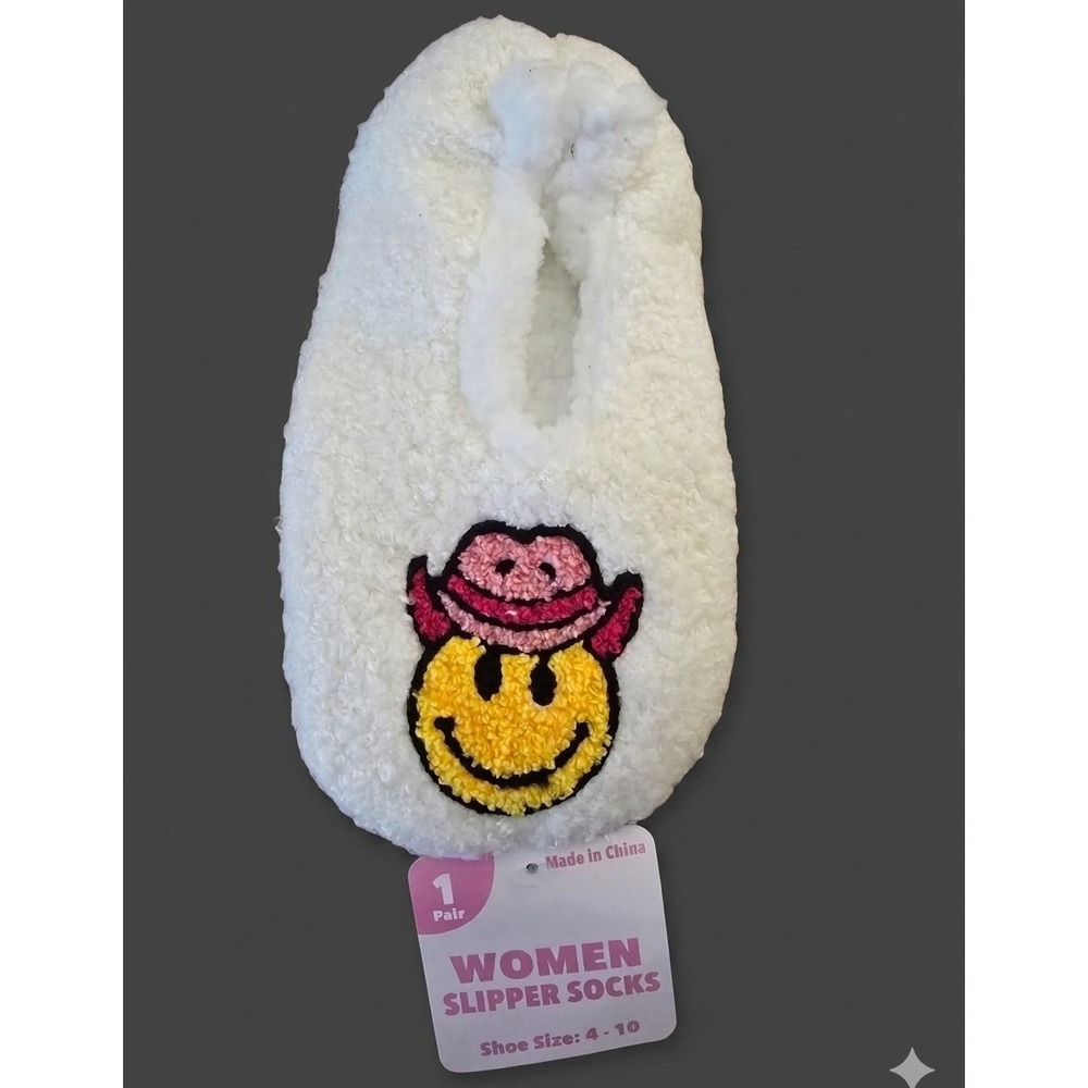 Women's Bed Slipper Socks Smiley Graphic White 1 Pair Size 4-10